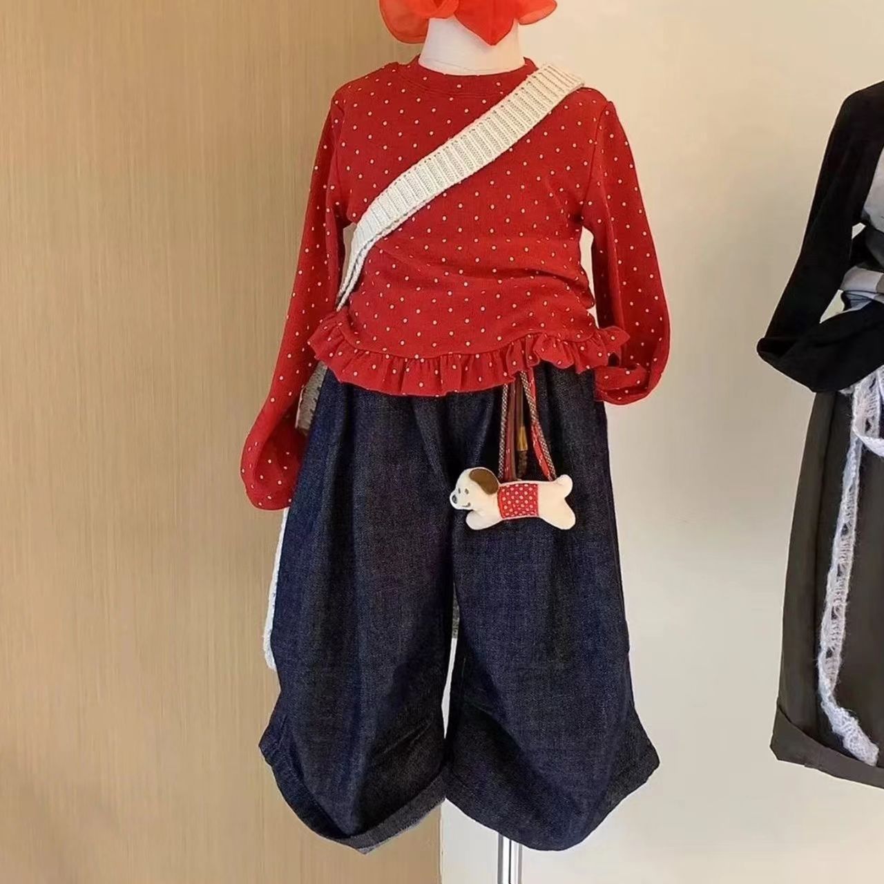 女童套装秋装2025新款洋气牛仔裤阔腿裤女孩洋气红色波点长袖T恤