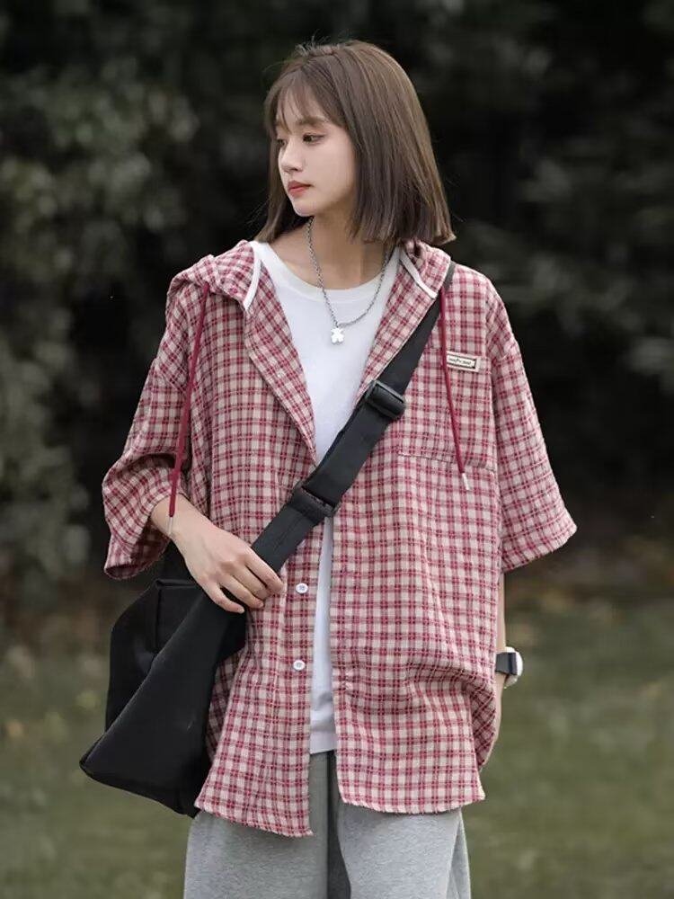 日系小众格子衬衫女夏短袖外套连帽chic复古港味风设计感薄款上衣