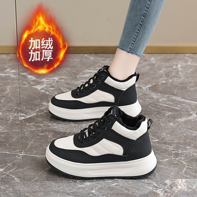 高帮鞋女加绒加厚松糕板鞋2025新款秋冬运动休闲女鞋黑白熊猫棉鞋