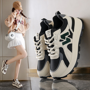 休闲运动鞋女秋季2025年新款皮面防水厚底老爹女鞋N字跑步阿甘鞋