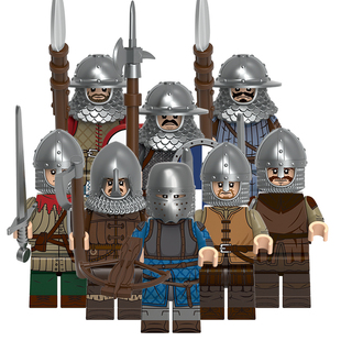 V1006适配乐高中世纪民兵战士盔甲骑士枪兵士兵积木拼装人仔玩具