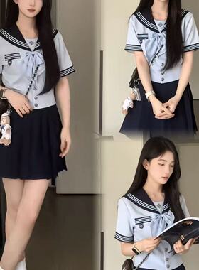 抚蝶女子夏季收腰水手jk制服女套装高腰显瘦a字裙纯色物语