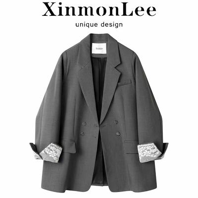 秋冬装新款高级感蕾丝拼接西装外套气质双排扣通勤小西服 带里布