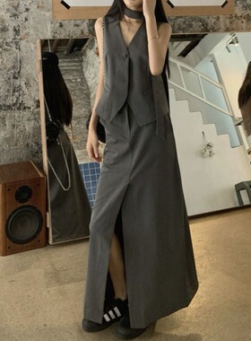 气质复古西装套装无袖灰色马甲背心女夏季开叉半身裙高级感两件套