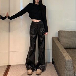 黑色皮裤 拖地休闲裤 女春季 子高腰宽松显瘦阔腿裤 直筒长裤 复古美式