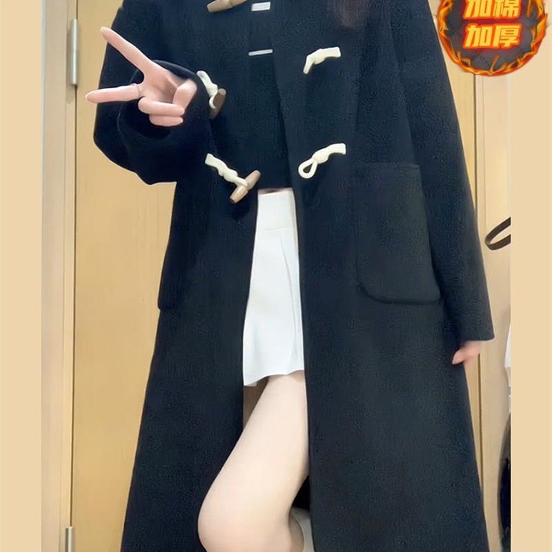 中长款黑色毛呢外套女秋冬季2025新款小个子赫本风牛角扣呢子大衣