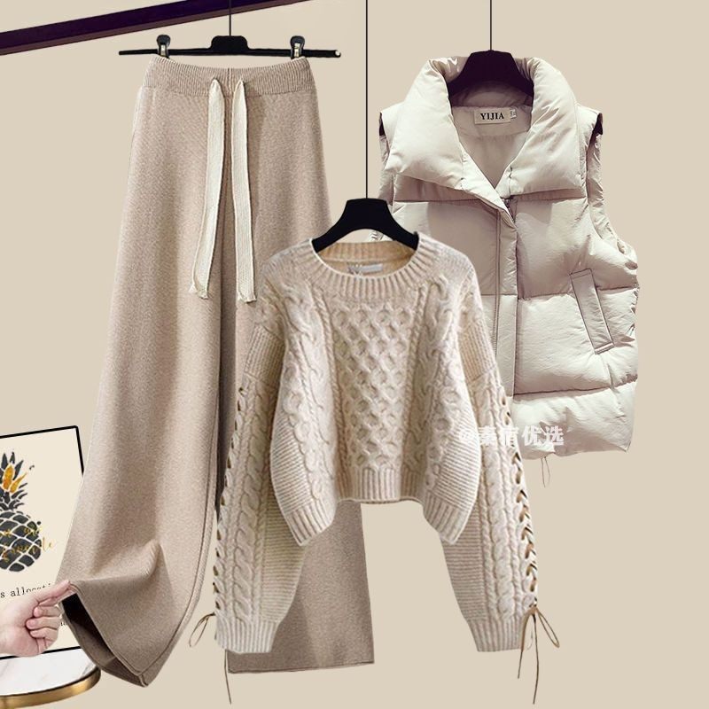 大码女装秋冬季套装2025新款针织毛衣女百搭马甲显瘦休闲裤三件套,女装/女士精品,大码套装,淘宝优惠券,粉丝福利购,淘宝优惠卷