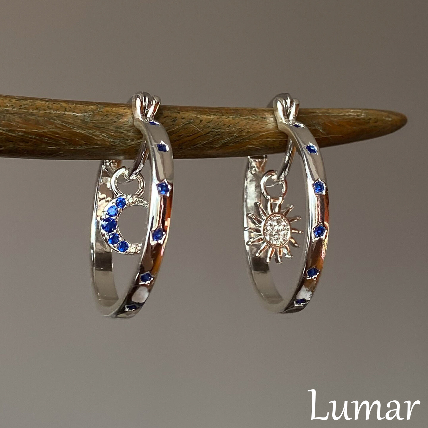 S925银太阳月亮吊坠蓝宝石耳环高级感轻奢小众设计甜美辣妹耳饰女