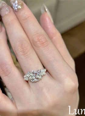 S925纯银满天星闪钻珍珠戒指轻奢