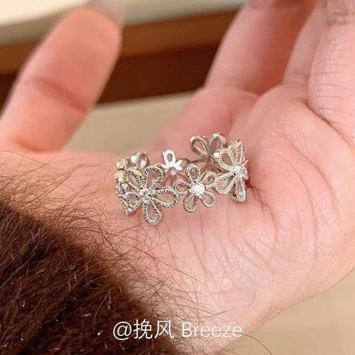 S925纯银镂空镶钻花朵戒指女轻奢