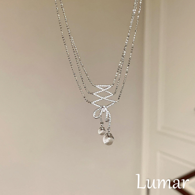 S925纯银多层蕾丝蝴蝶结水晶项链