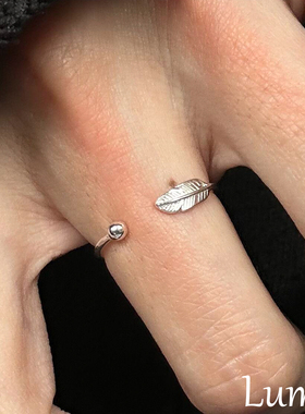 S925银做旧羽毛圆珠戒指轻奢高级