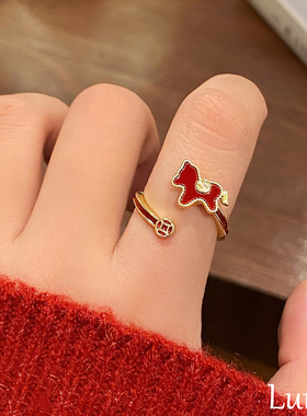 S925纯银可旋转小马铜钱戒指轻奢