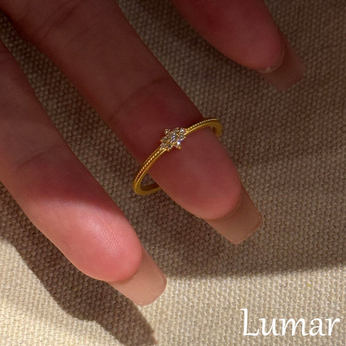 S925纯银金色星芒花朵锆石戒指女