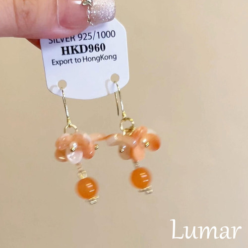 新中式橘色花朵圆珠流苏耳环轻奢