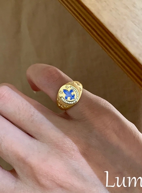 中古金色鸢尾花印章戒指小众设计