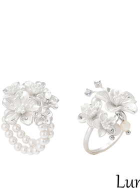 S925银针多层花朵珍珠戒指女2025