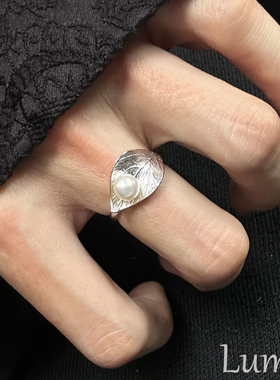 S925纯银清冷感银叶珍珠戒指小众