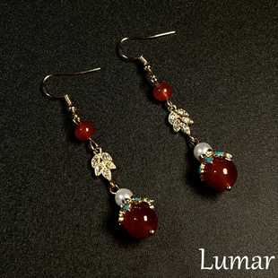 S925纯银新中式红玛瑙串珠长款流苏耳环高级感轻奢国风气质耳钩女