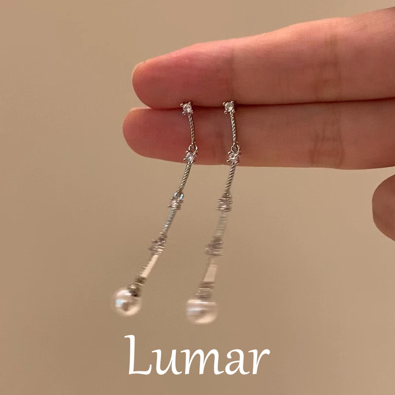 S925银微镶锆石长款珍珠流苏耳环
