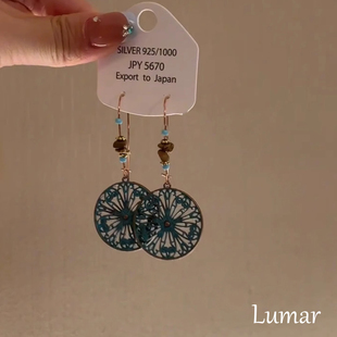 S925纯银新中式薄荷绿镂空窗花耳环轻奢高级感国风复古气质耳坠女