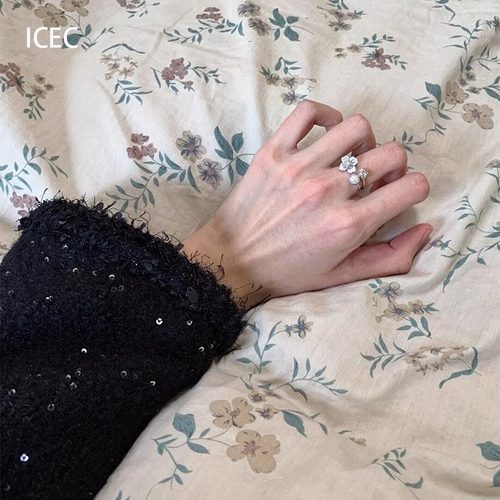 S925纯银法式复古花朵珍珠戒指女