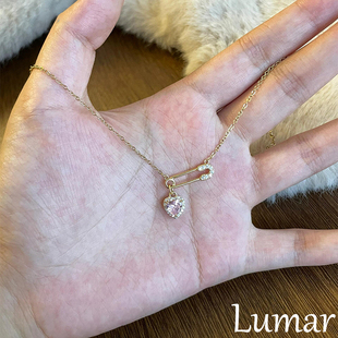 S925纯银粉色爱心别针项链女款2026新款小众设计甜美高颜值锁骨链