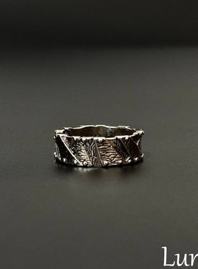 S925纯银极简几何雕刻纹理戒指女