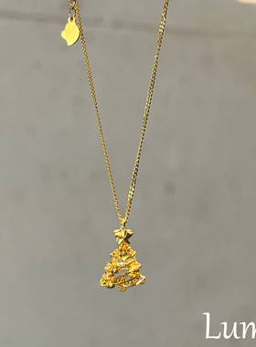 S925纯银金色拉丝圣诞树星星项链