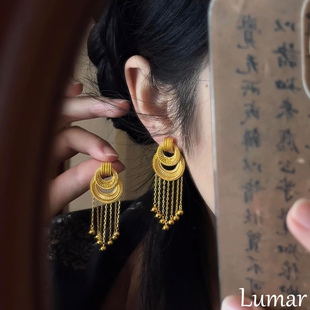 S925纯银新中式金色双环流苏耳钉女轻奢高级高复古宫廷风贵气耳饰