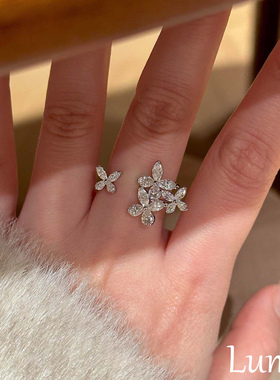 S925纯银满钻蝴蝶锆石戒指女小众