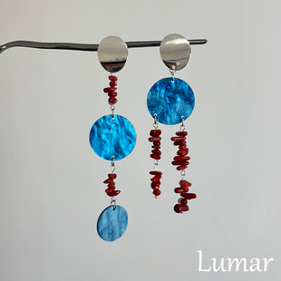 S925纯银不对称红蓝撞色碎石圆片耳环2025新款高级感复古风耳钉女
