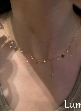 S925纯银金色爱心锆石流苏项链女