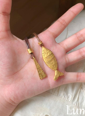 S925纯银复古金色拼接小鱼项链女