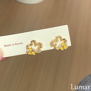 S925纯银法式 高级感小众设计感精致浪漫耳饰 黄色甜美花朵耳钉女款