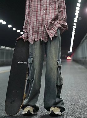 高质量夏男女休闲复古蓝色牛仔裤2024新款美式水洗做旧拖地工装裤