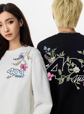 INFORMER刺绣工艺彩色花卉国潮圆领卫衣长袖男女宽松纯棉T恤休闲