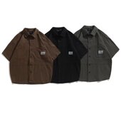 潮牌衬衫 衬衣帅新款 男短袖 美式 夏季 纯棉日系复古工装 重磅半袖 t恤