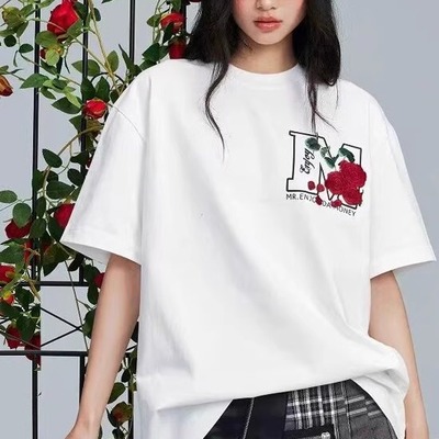 美式刺绣短袖男女情侣宽松纯棉T
