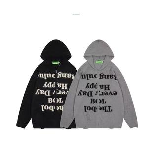 国潮高质量连帽卫衣针织毛衣秋冬潮美式复古宽松加绒男女情侣外套