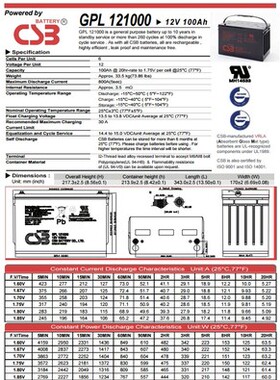 CSB蓄电池 GPL121000 / 12v100ah 消防/应急灯/UPS/EPS电源 专用