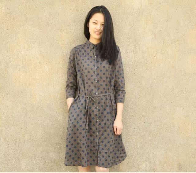 女士SM2 大波点长衫  女装春秋长款衬衫 棉麻文艺连衣裙