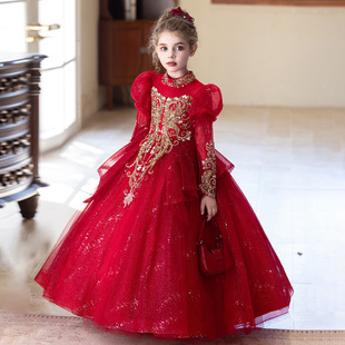 秋冬红色女童主持人晚礼服高端轻奢小众女孩公主裙儿童钢琴演奏服