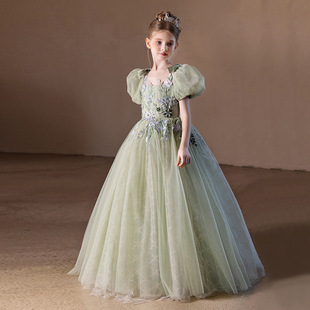 2025新款儿童礼服公主裙女童礼服轻奢小众钢琴演出绿色森系晚礼服