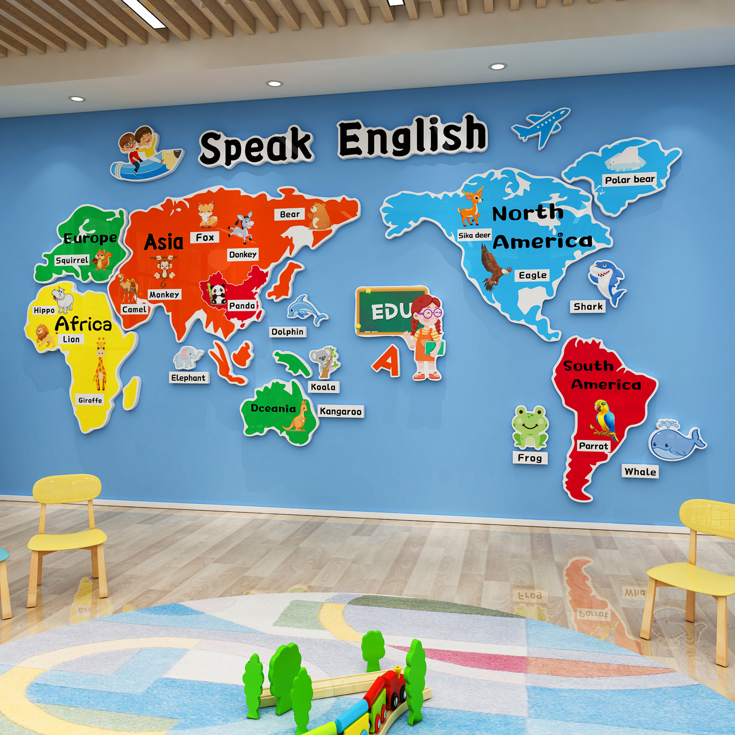 世界地图墙贴画英语早教室布置培训机构墙面装饰午托管幼儿园环创图片
