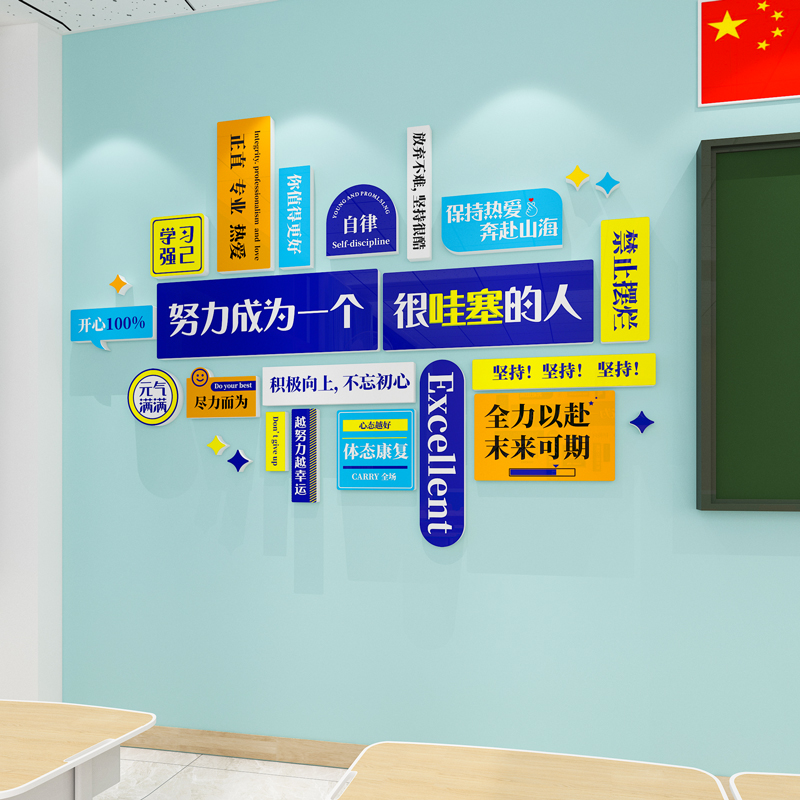 班级文化墙贴纸画高三中小学校自习教室布置装饰激励志标语黑板报图片