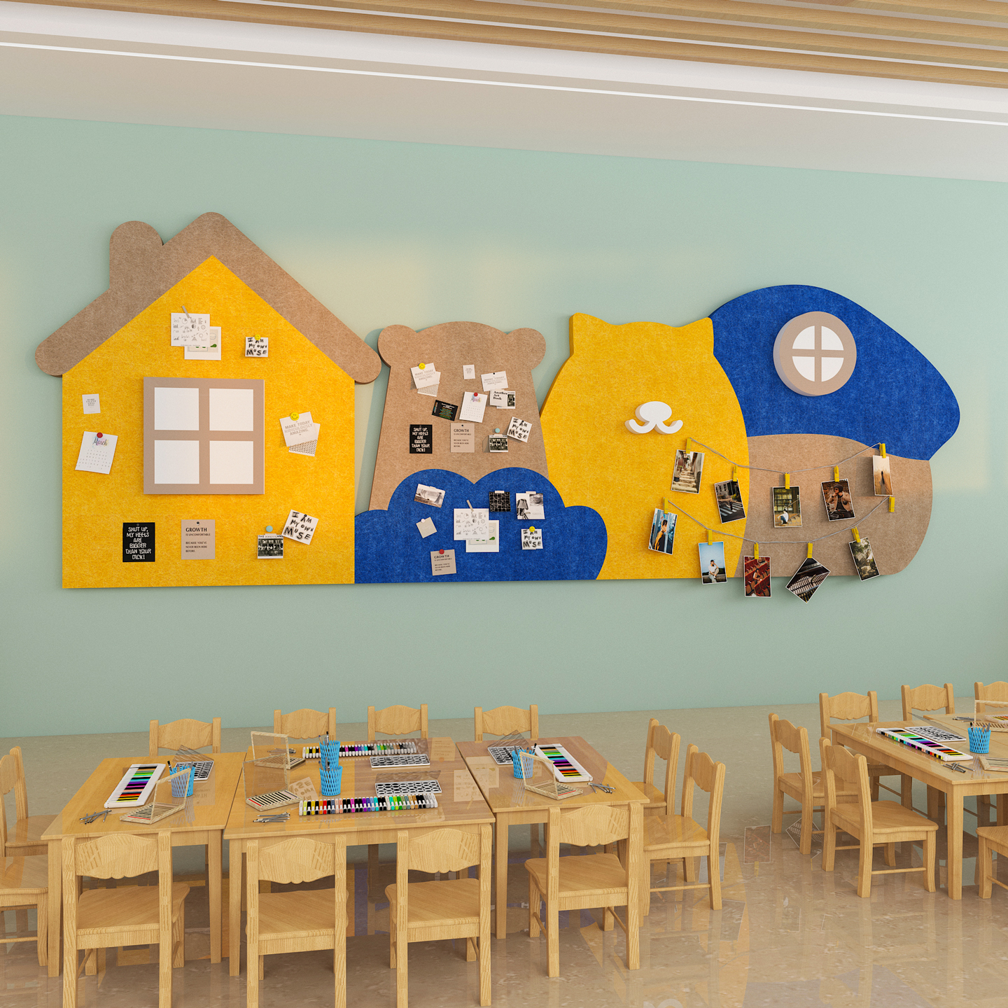 午托管中心楼梯走廊墙面装饰幼儿园环创主题成品照片展示毛毡墙贴图片