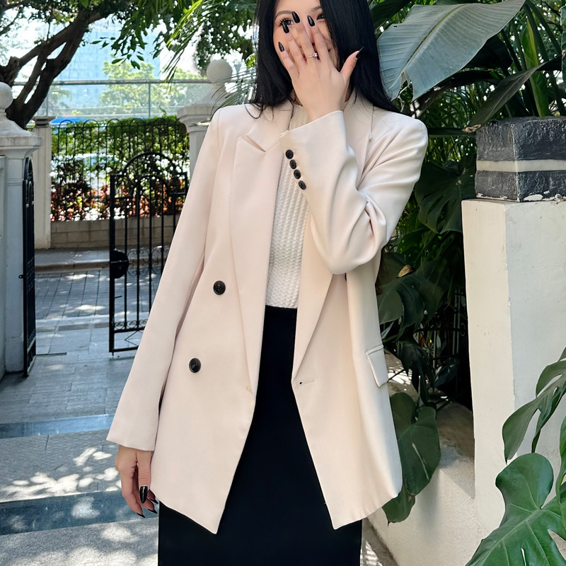 春季净色新款长袖女舒适百搭上衣中长款职业西服外套休闲小西装