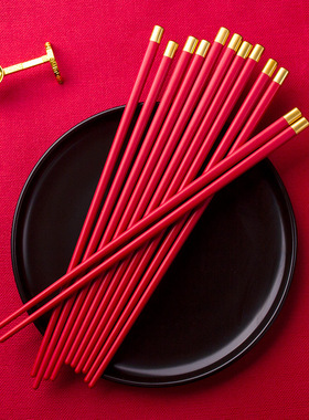 中国红色筷子尖头防滑防烫高档网红陪嫁结婚喜庆家用轻奢合金公筷