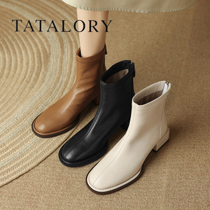 TATA LORY女靴韩版2023新款高跟瘦瘦靴真皮粗跟短靴女短筒及踝靴